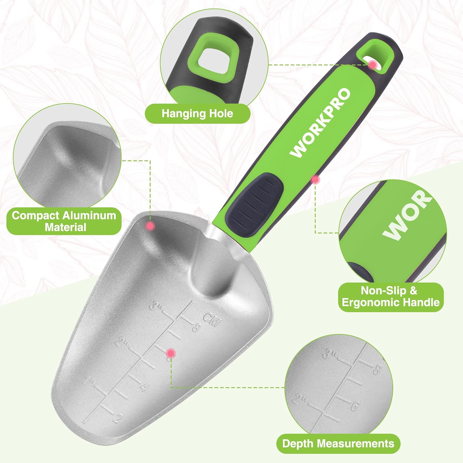 Compact aluminum garden hand trowel with green ergonomic grip and hanging hole