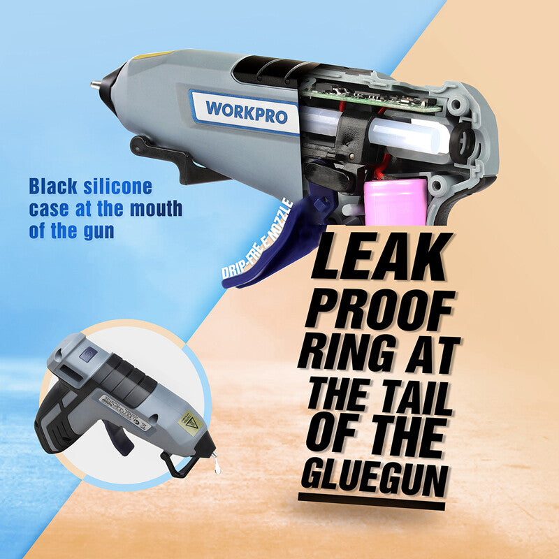 WORKPRO cordless hot glue gun in gray with innovation, quality, and secure 2600 mAh battery inside