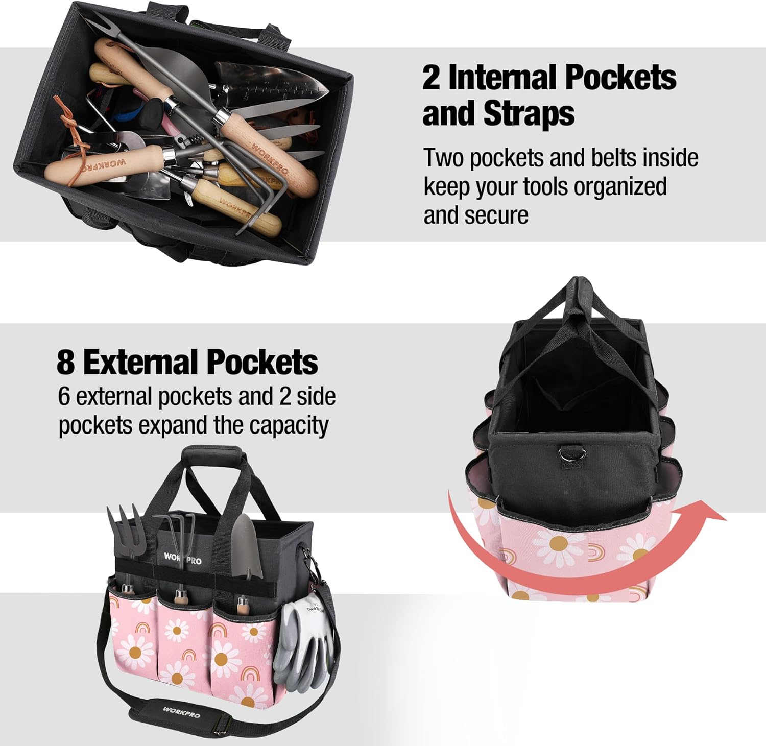 WORKPRO floral pink tool organizer tote with 8 exterior pockets and 2 inner straps