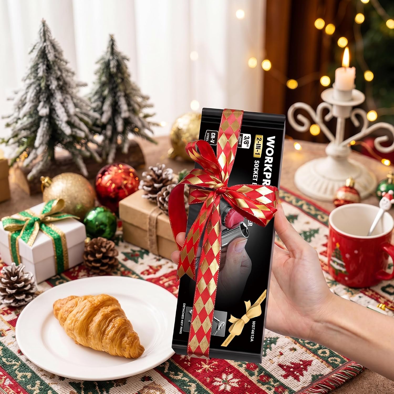 WORKPRO socket bottle opener key ring held next to a wrapped gift