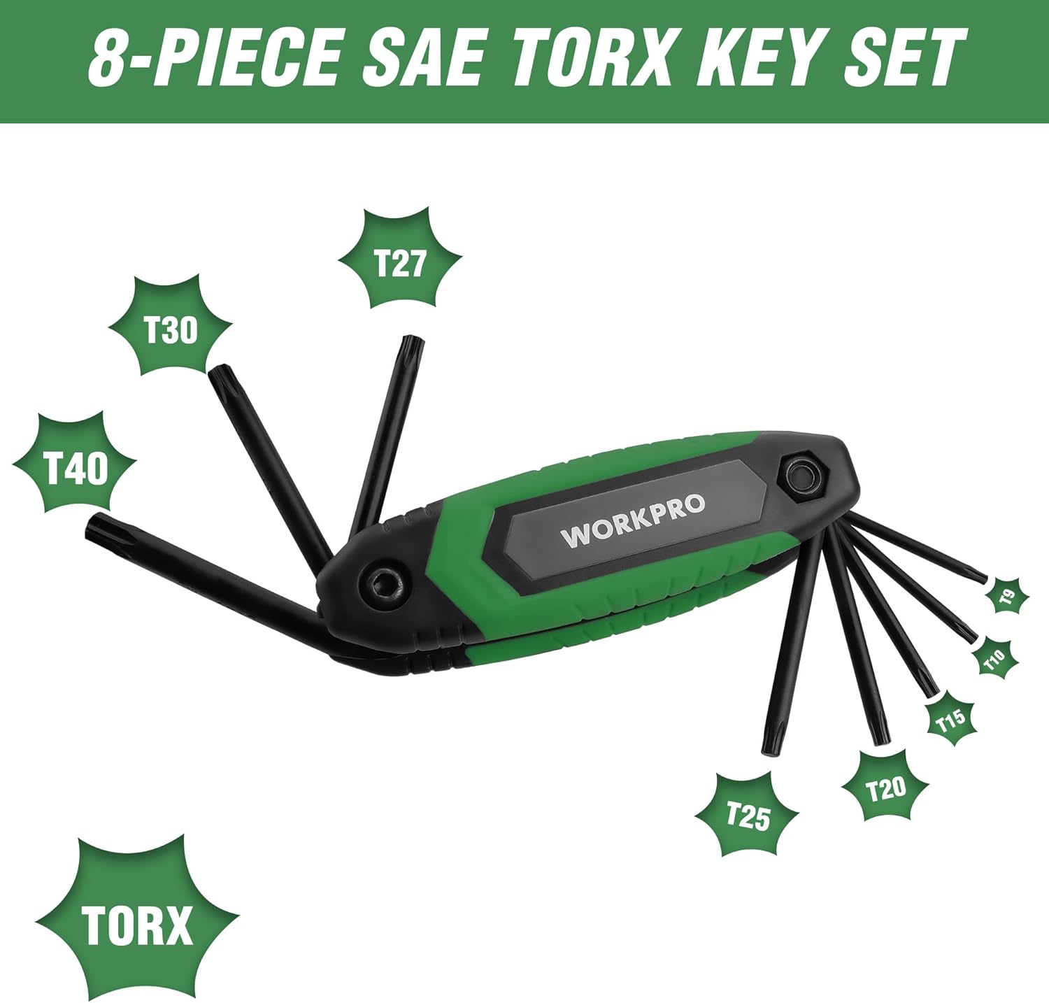 WORKPRO 8-piece SAE Torx folding key set with green and black key holder