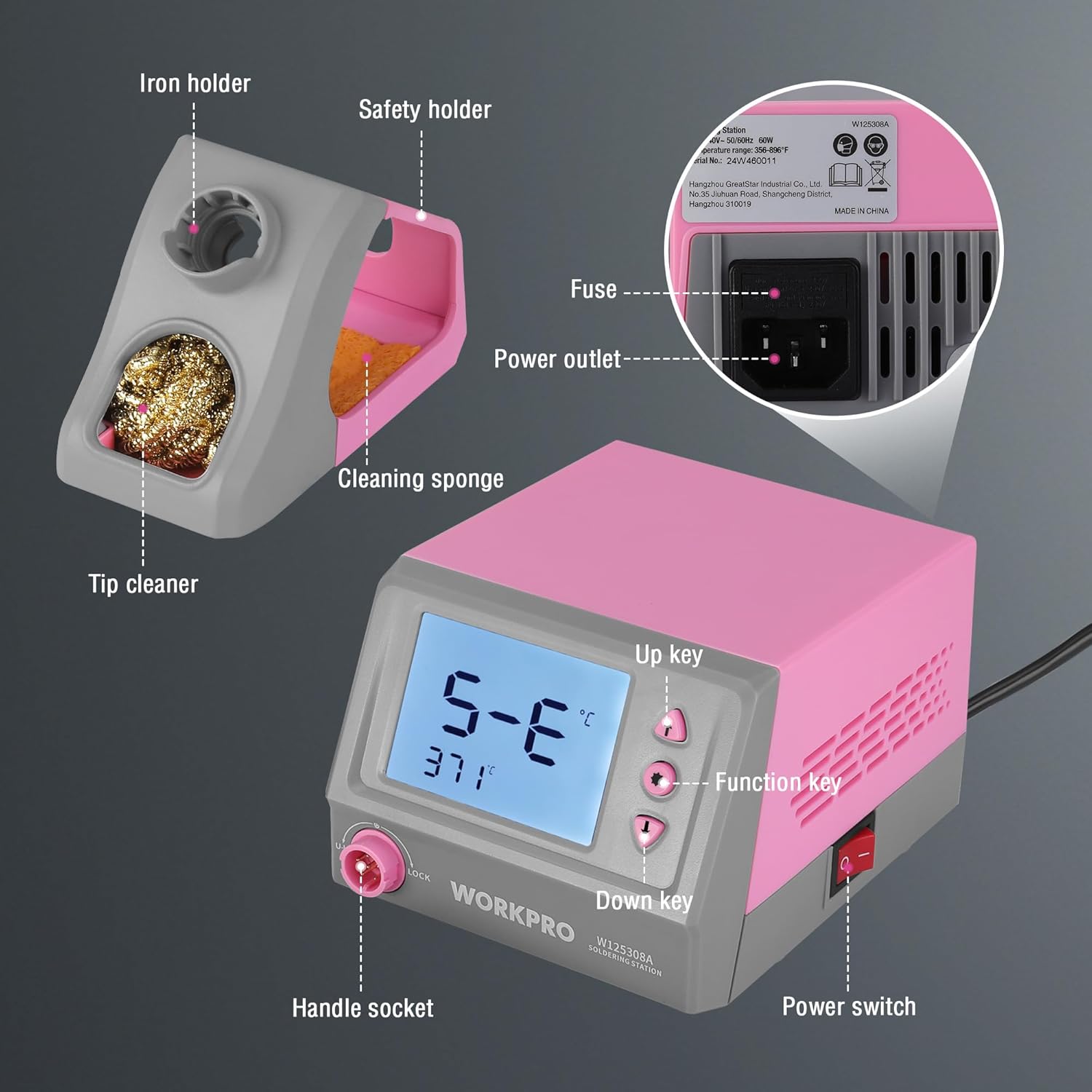 Pink and gray digital soldering station with blue screen, keys, and power switch