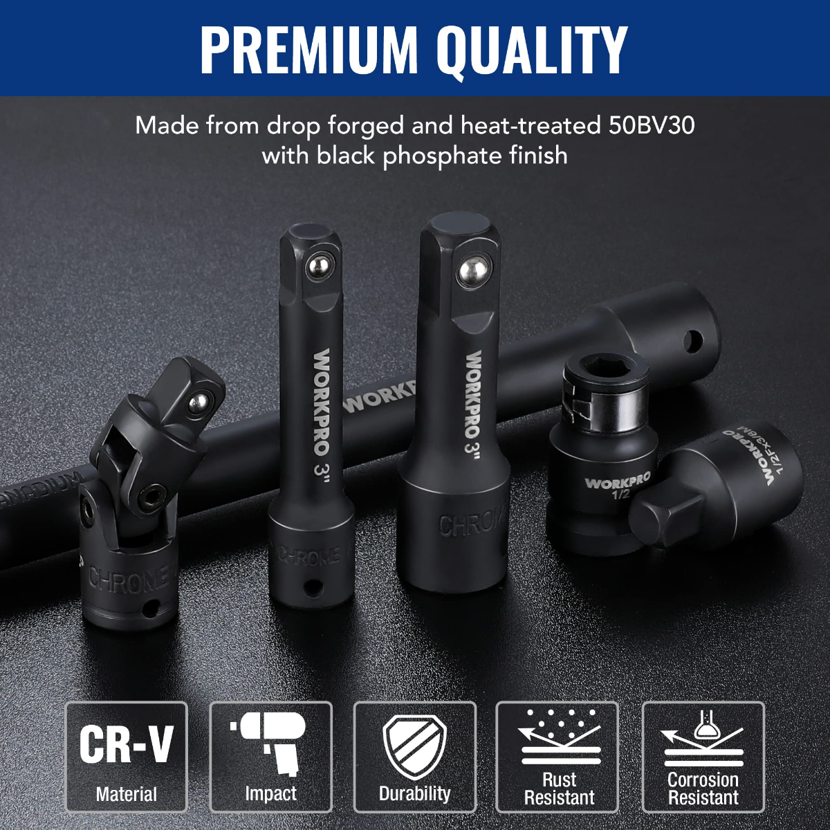 Black CR-V steel socket set with impact and durability icons, WORKPRO drive tools