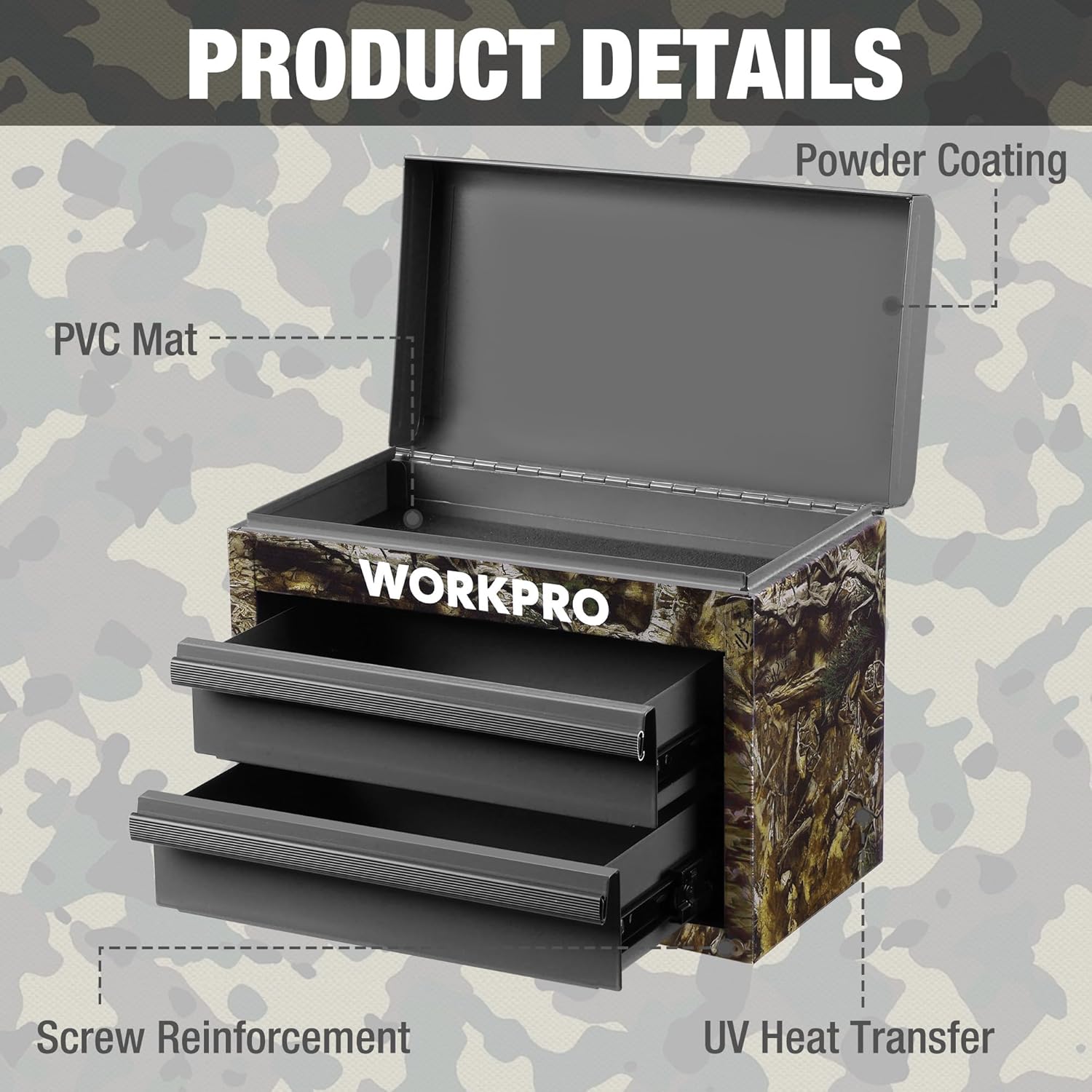 Camo mini metal tool box with open top storage area and two gray drawers