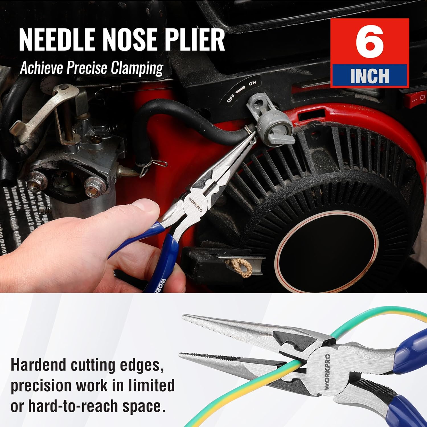 WORKPRO 6-inch needle nose plier with hardened cutting jaws for precise clamping