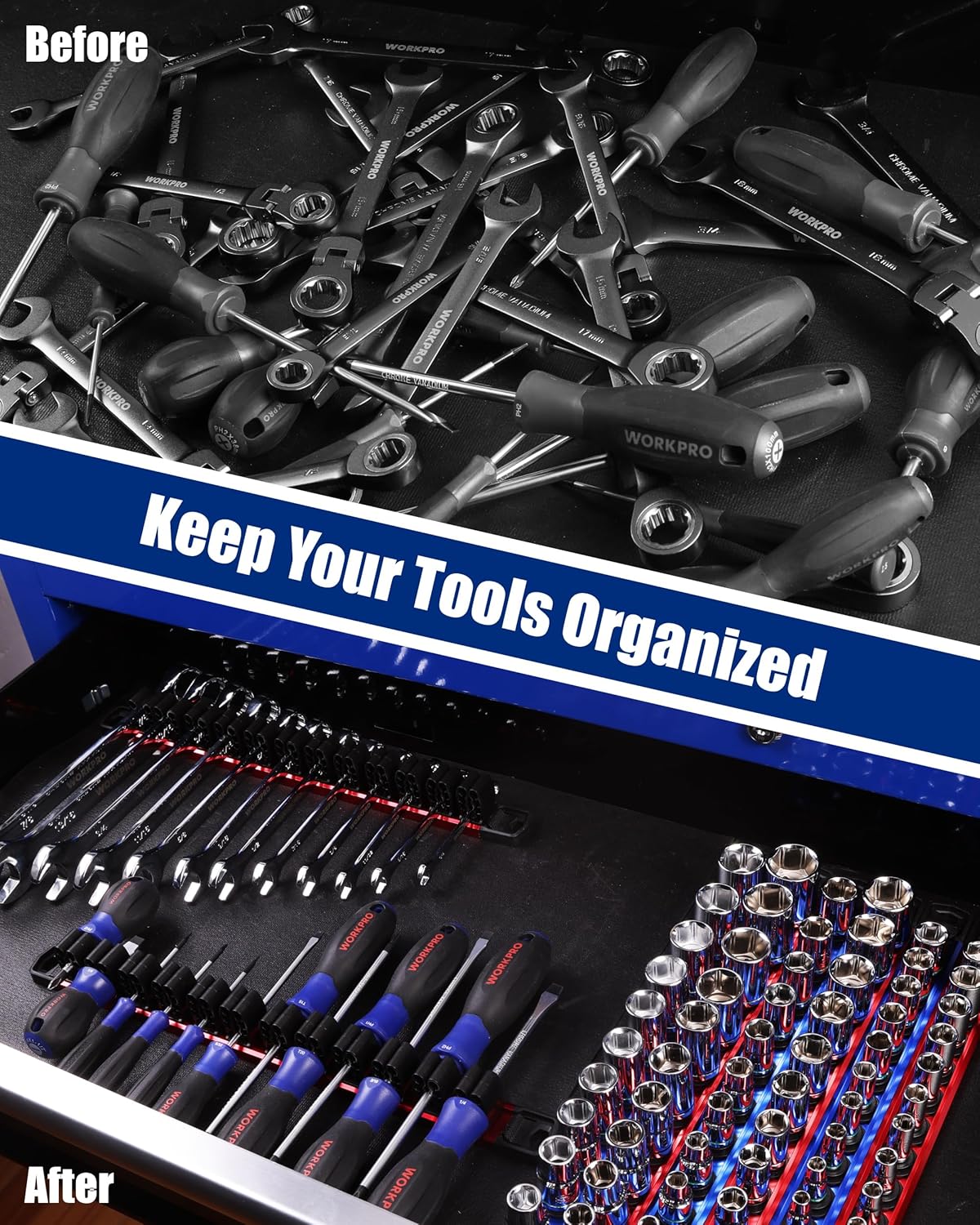 Magnetic tool organizer rails holding sockets and wrenches with blue and red bars