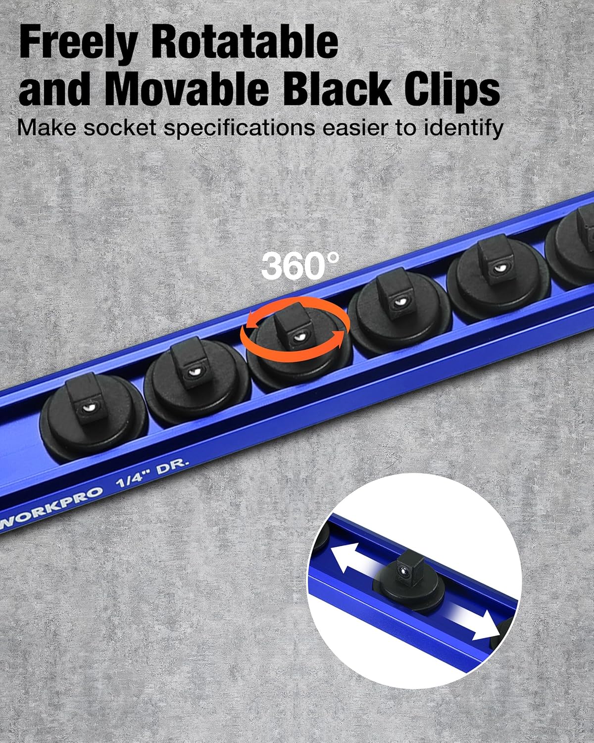 Blue socket rail with freely rotatable movable black clips for quick sizing