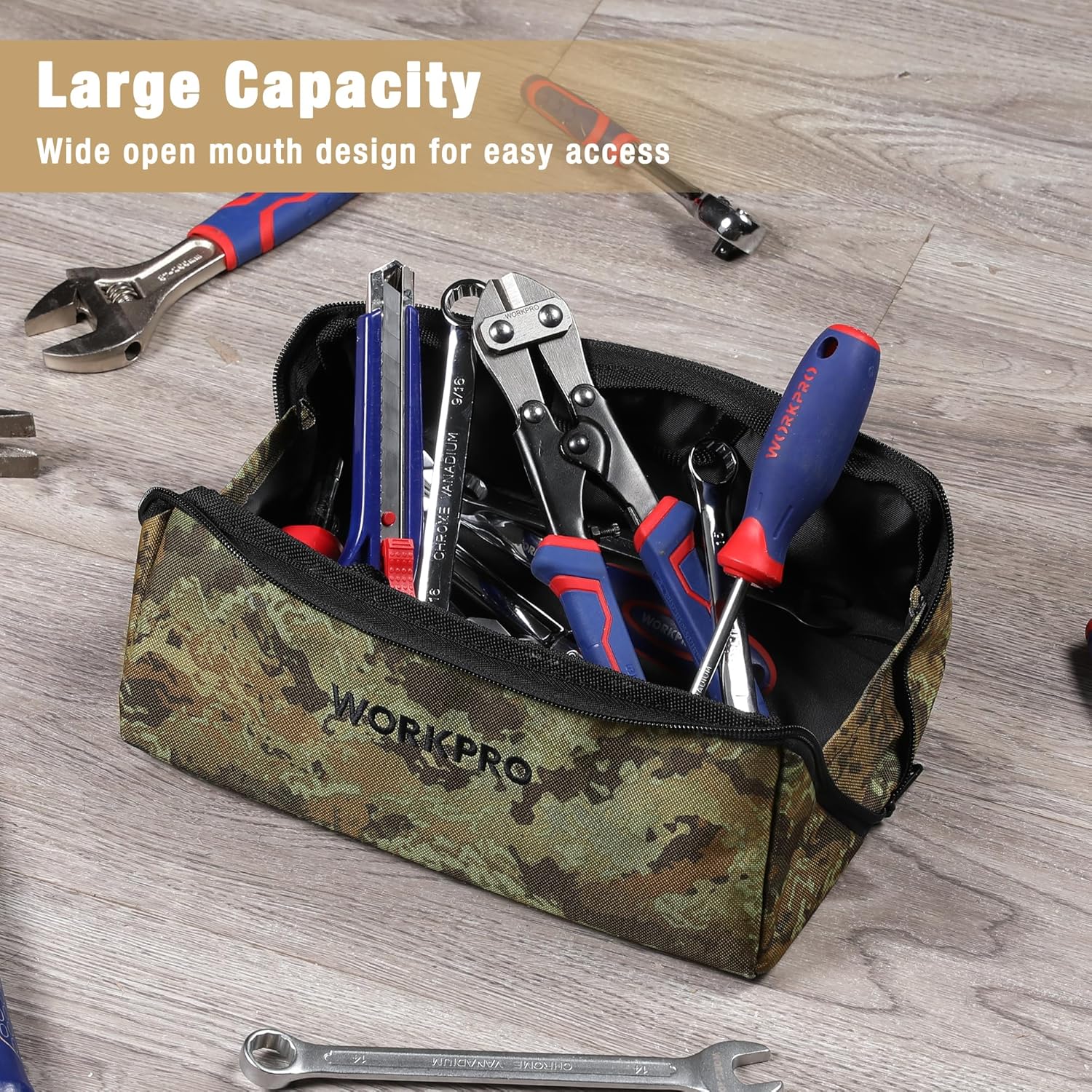 Camo wide-mouth tool bag holding wrenches and tools; open top with zip closure