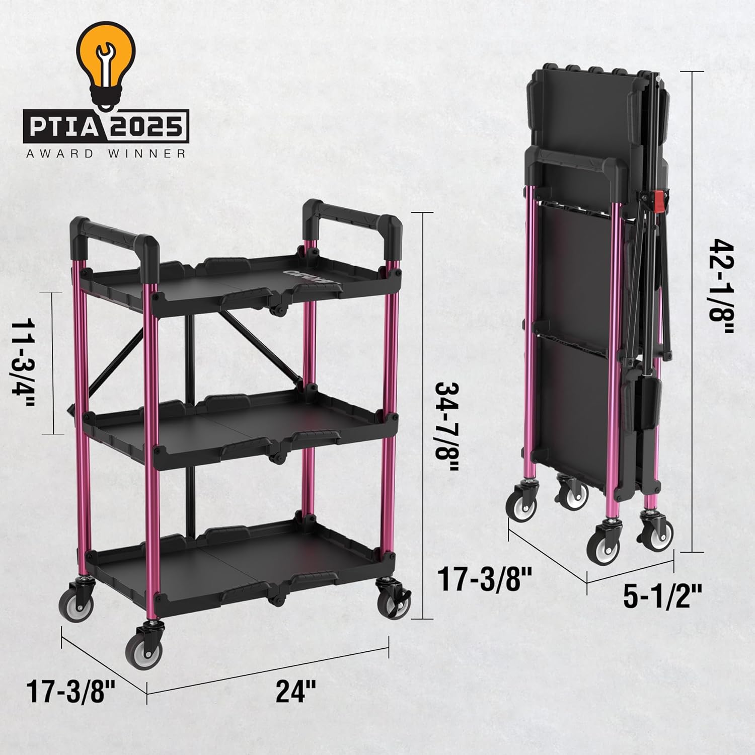Black and pink 3-tier collapsible service cart with three shelves and four caster wheels