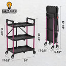 WORKPRO 3-Tier Collapsible Service Cart, Black/Pink, 210 LBS Foldable Utility Cart with Wheels, Portable Rolling Tool Cart for Garage, Warehouse, Home, Restaurant and Office (No Assembly Required)