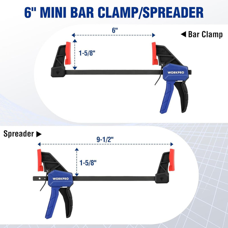 WORKPRO 4Pcs 6" Mini Bar Clamps for Woodworking, Screw Change F Clamps with 50LBS Load Limit, One-Handed Clamp/Spreader