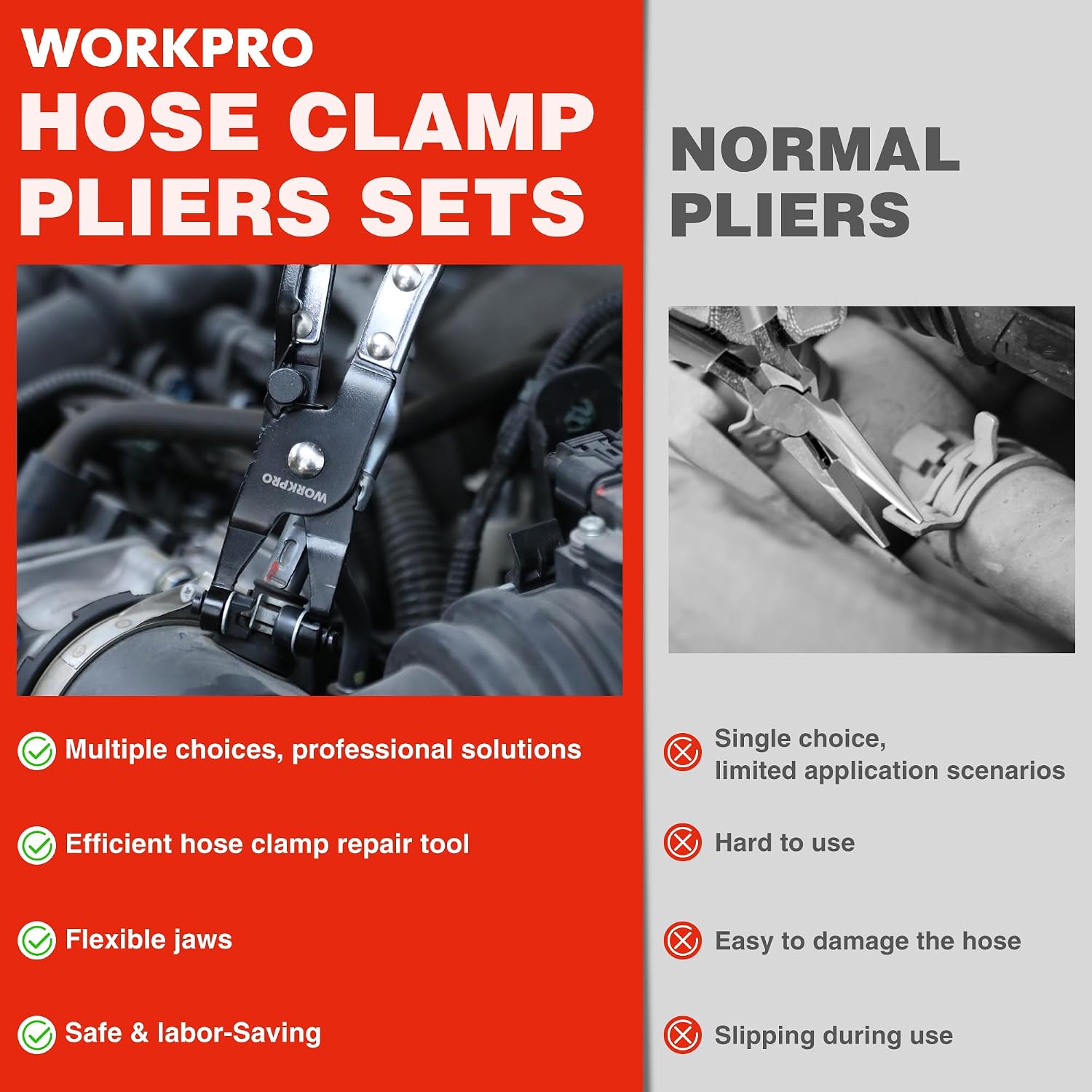 Hose clamp pliers set with red handles for installing metal hose clamps