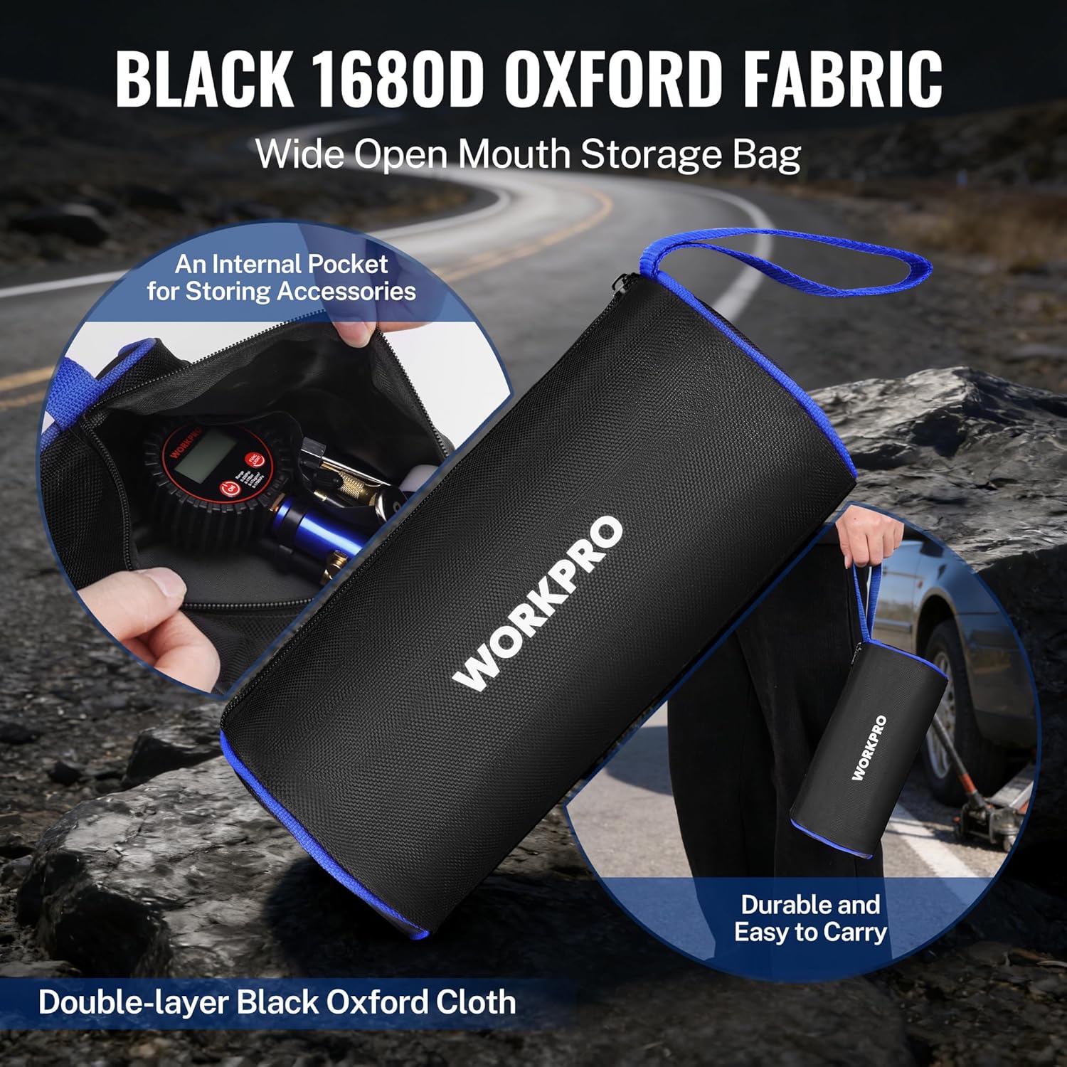 WORKPRO black Oxford fabric storage bag with blue trim for tire gauge accessories