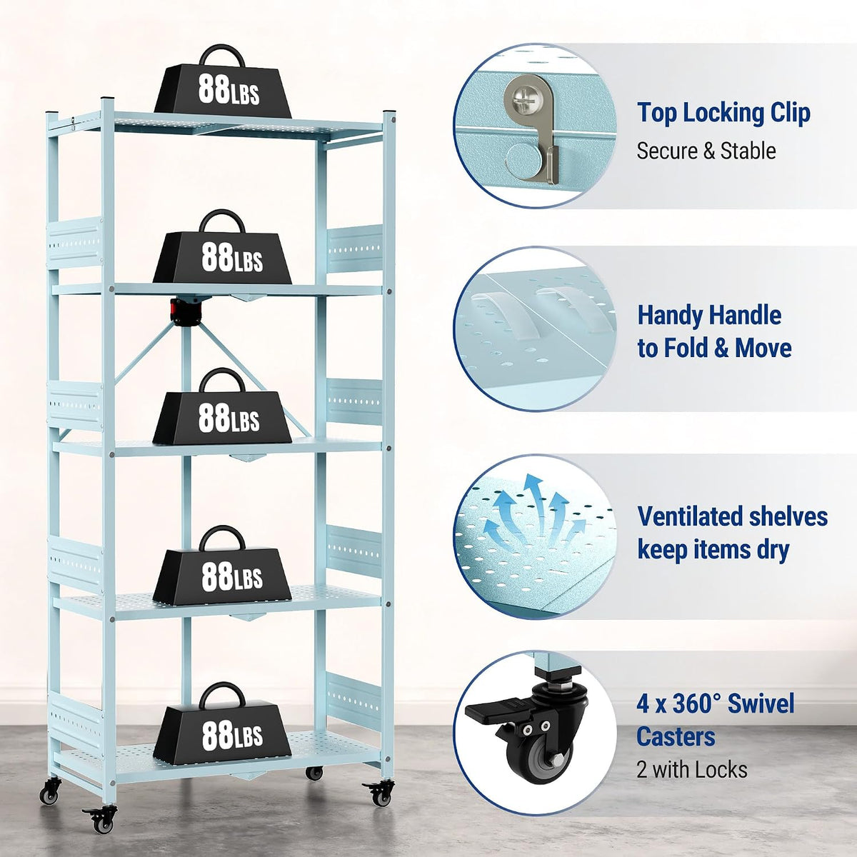 Blue metal 5-tier folding rack with vented shelves and 360° swivel caster wheels
