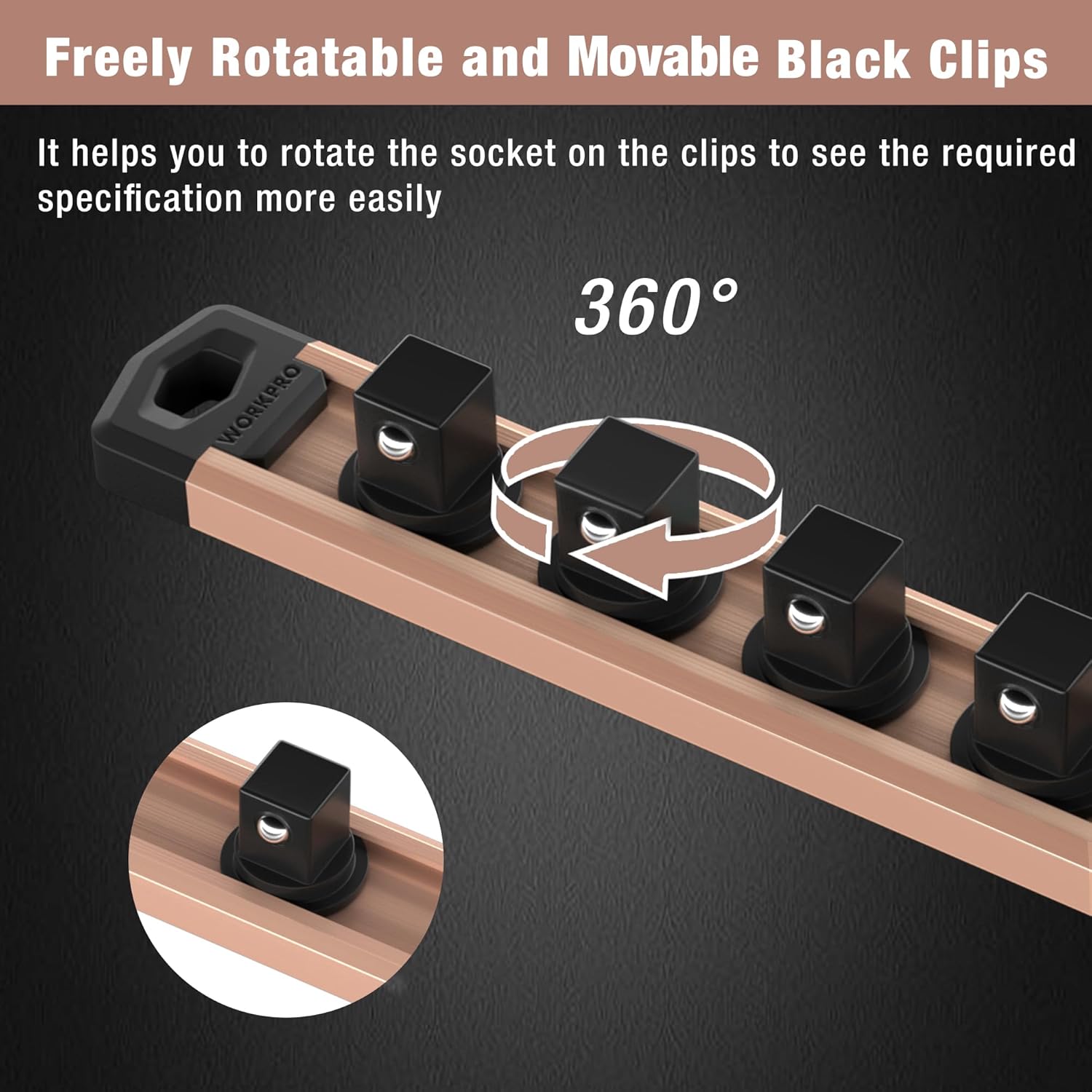 Champagne socket organizer rail with rotatable black magnetic clips on top