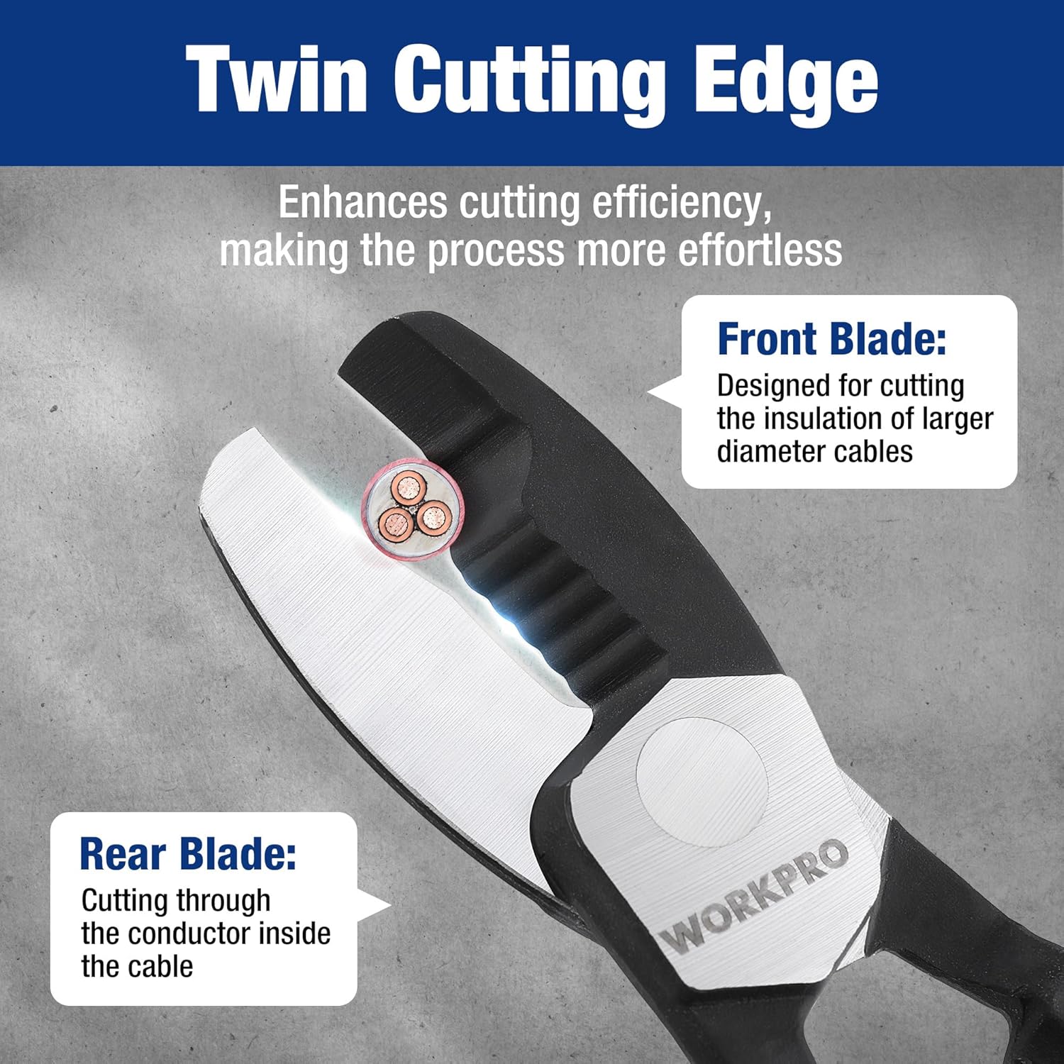 Cable cutter with twin cutting edge, showing front and rear blades for insulation.