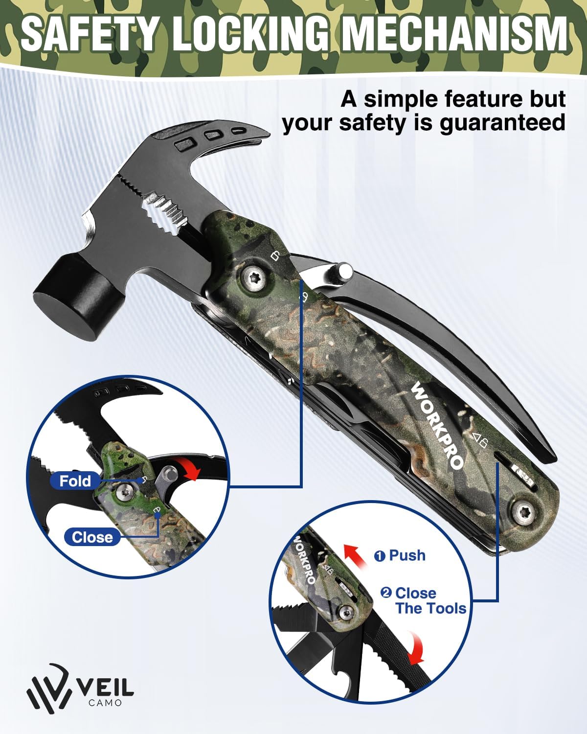 WORKPRO 12-in-1 multitool safety lock close-up, camouflage body with folding tools