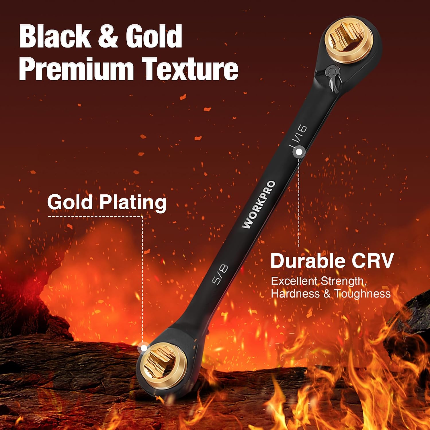 Double box-end reversible ratcheting wrench, black handle with gold CR-V plating