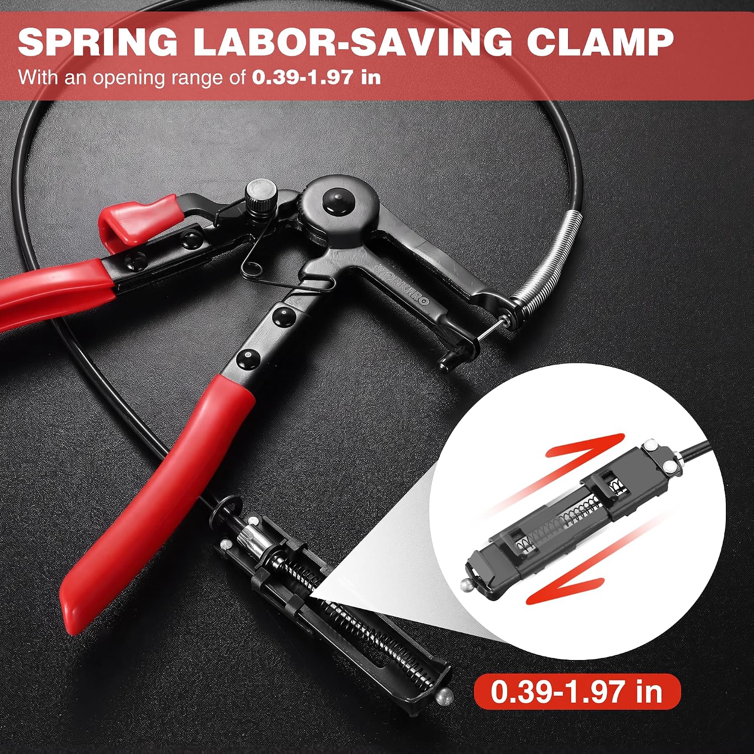 Red-handled spring hose clamp pliers with open-range jaws and flexible cable loop