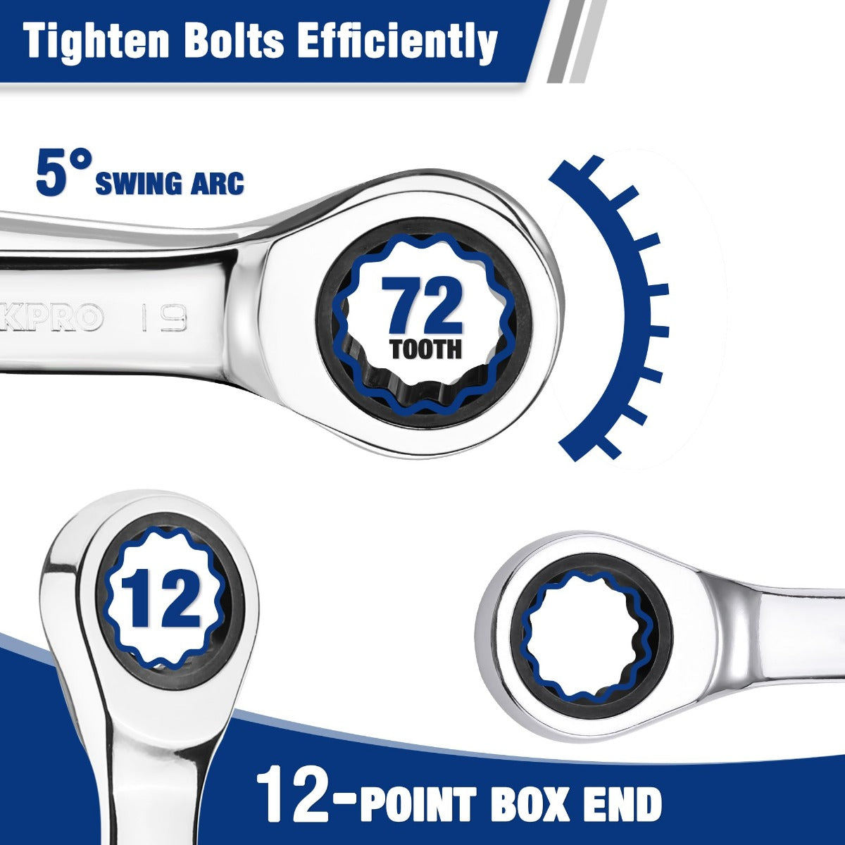 Close-up of stubby ratcheting box-end wrench head with 12-point drive