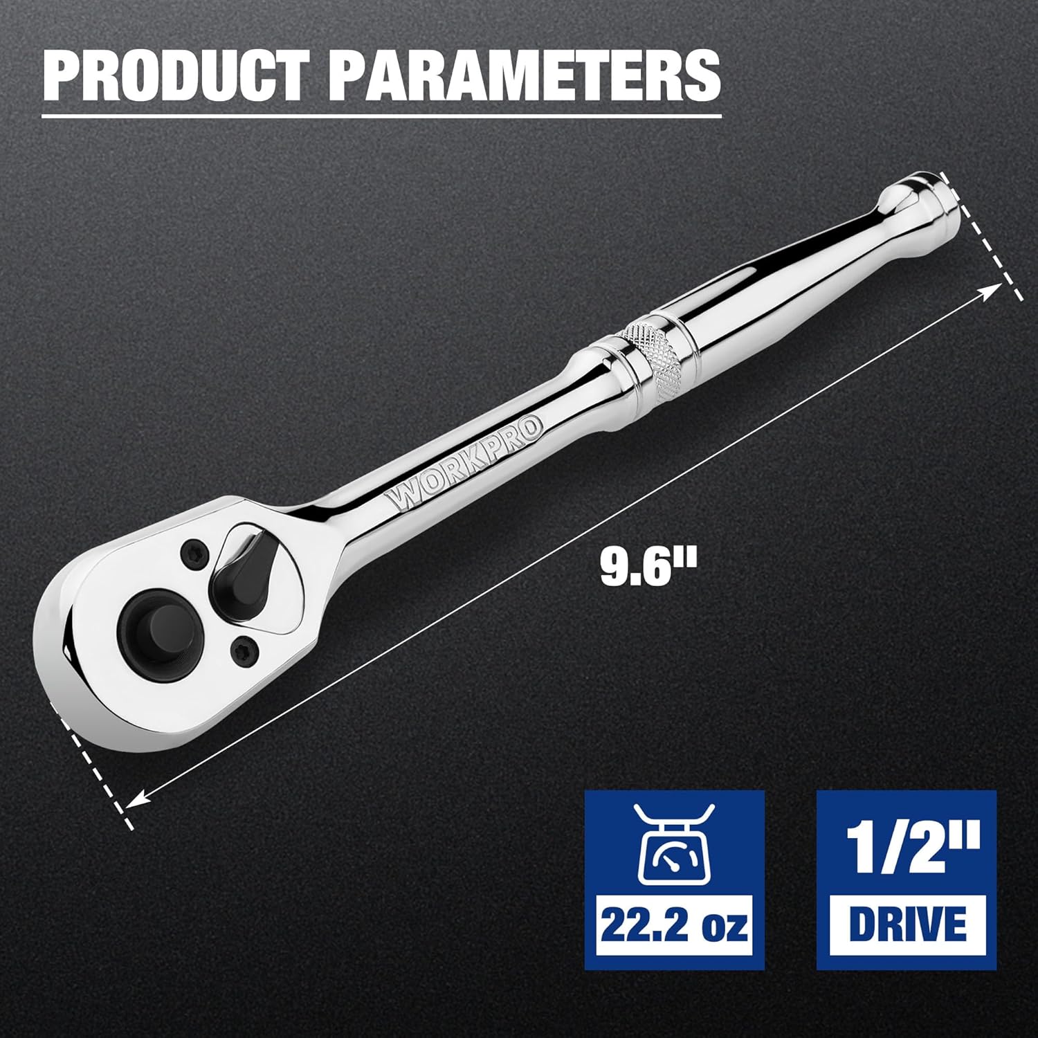 1/2-in drive chrome ratchet wrench with 9.6 in handle length and reversible head