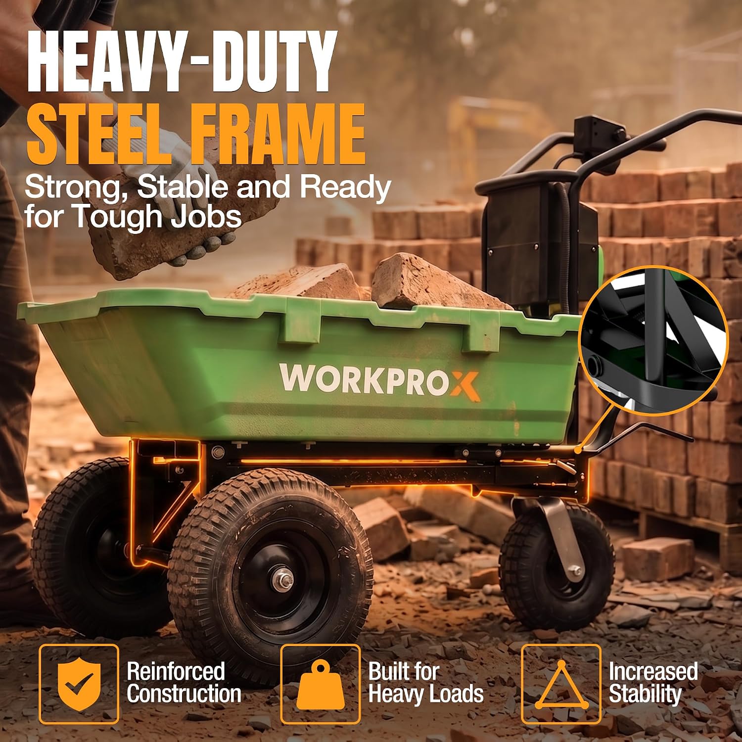 WORKPROX green heavy-duty electric wheelbarrow with steel frame and large all-terrain tires