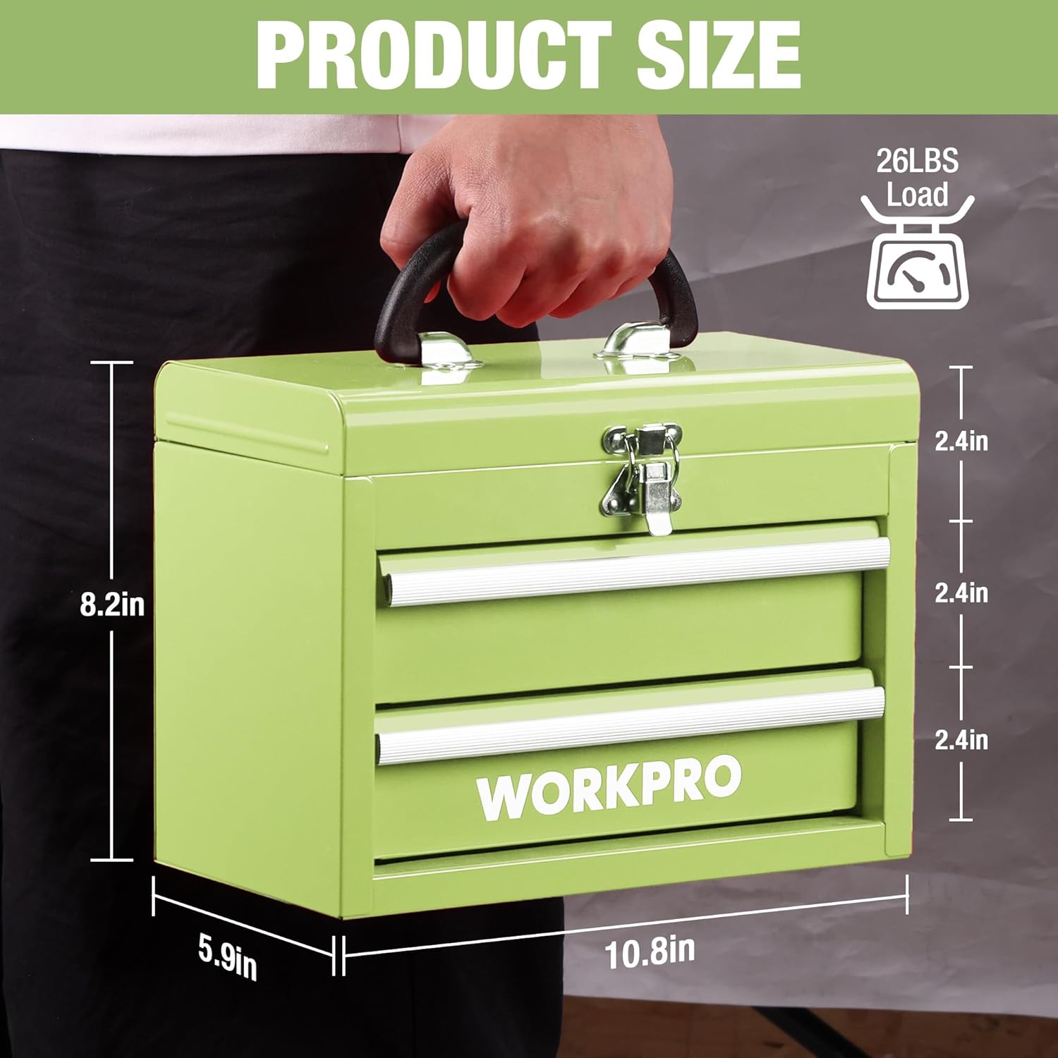 Portable mini metal tool box with two drawers, lime green, black carry handle, front latch