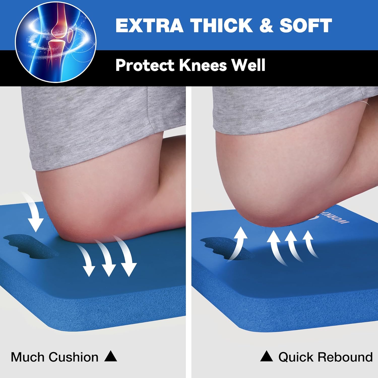 Extra thick foam kneeling pad in blue, cushioning surface for knee support
