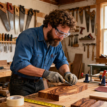 Carpenter working on a wooden board with tools in a workshop, focused on precision and innovation