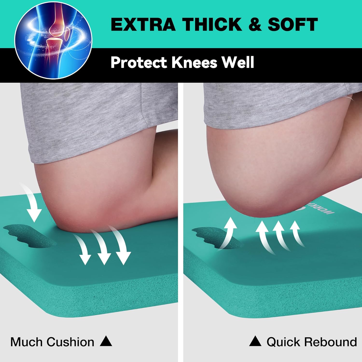 Teal foam kneeling pad illustrating extra cushion and quick rebound.