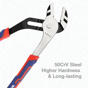 WORKPRO adjustable groove-jaw pliers with serrated jaw and red-blue handle