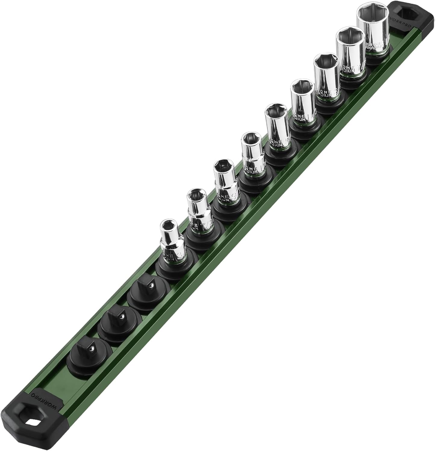 Green magnetic socket organizer rail with black clips and chrome sockets in a diagonal layout