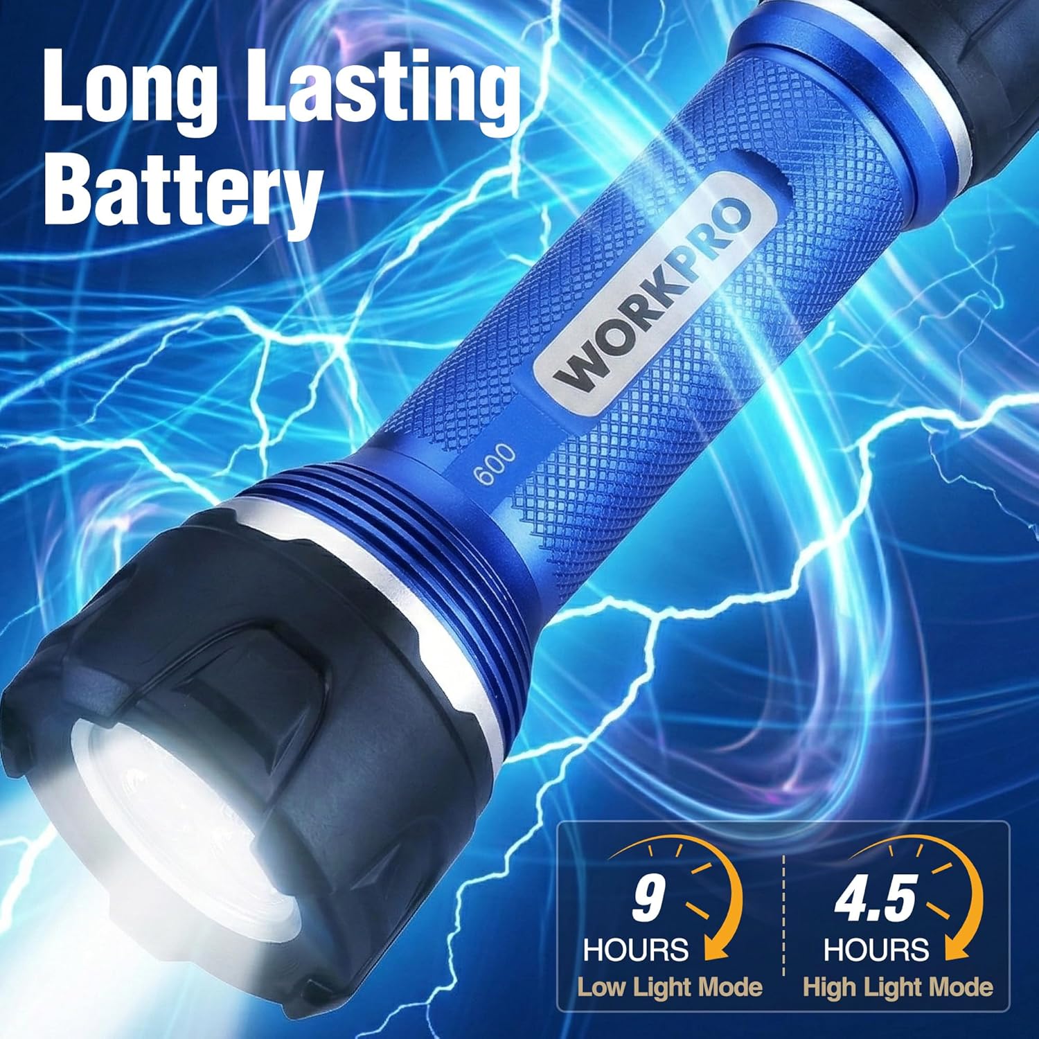Blue and black rechargeable LED flashlight with textured grip and bright front beam.
