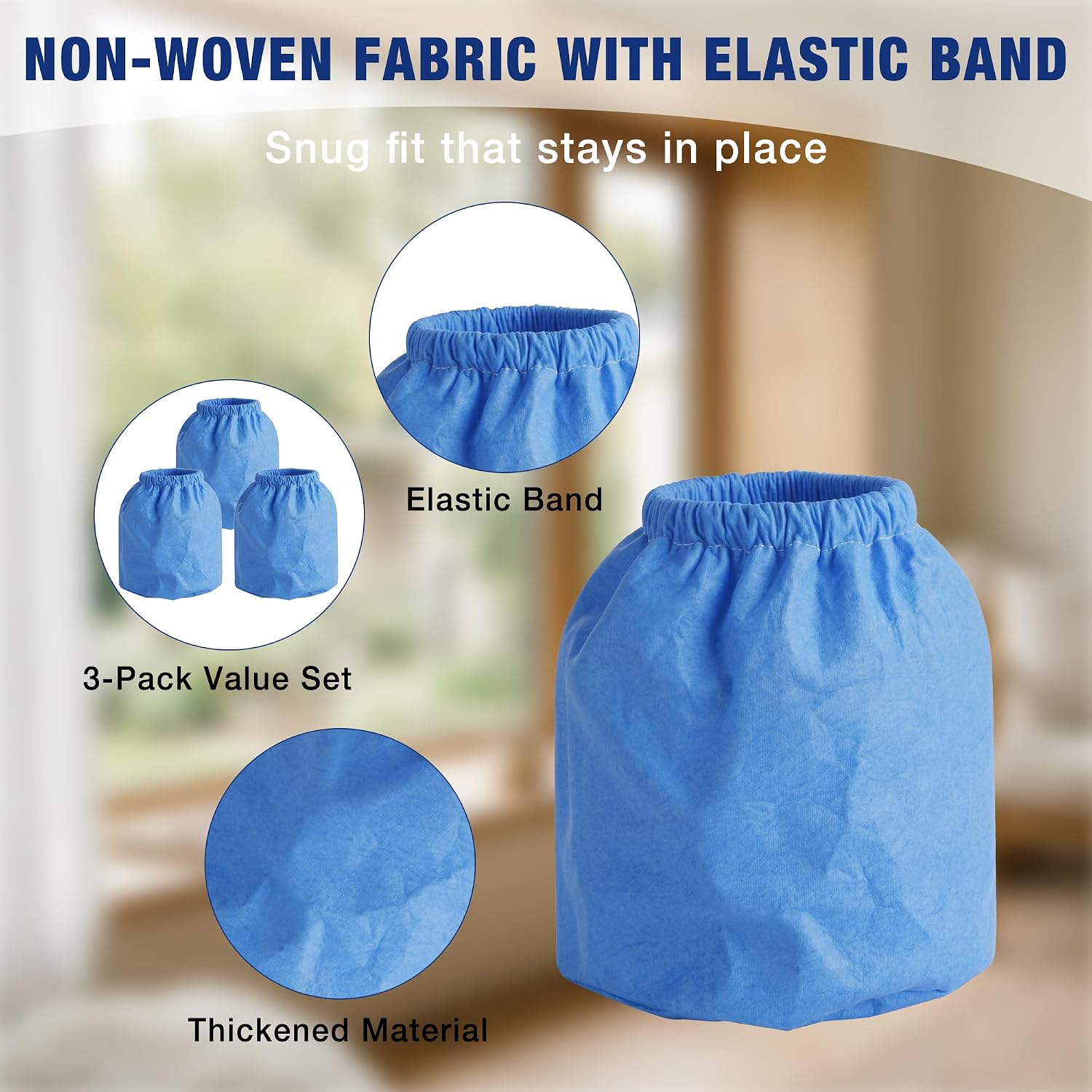 Blue non-woven vacuum filter bag set of 3 with elastic band for snug fit