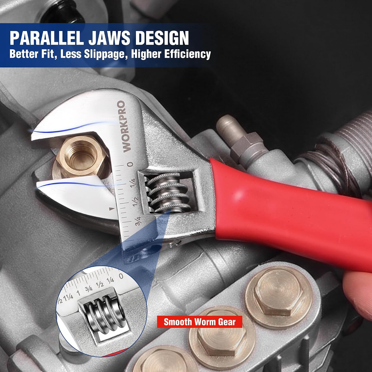 Red adjustable wrench with parallel jaws, smooth worm gear, and measurement scale