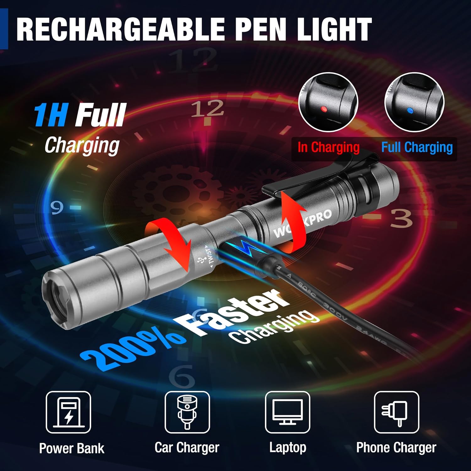 Gray rechargeable pen light with pocket clip and focused front lens