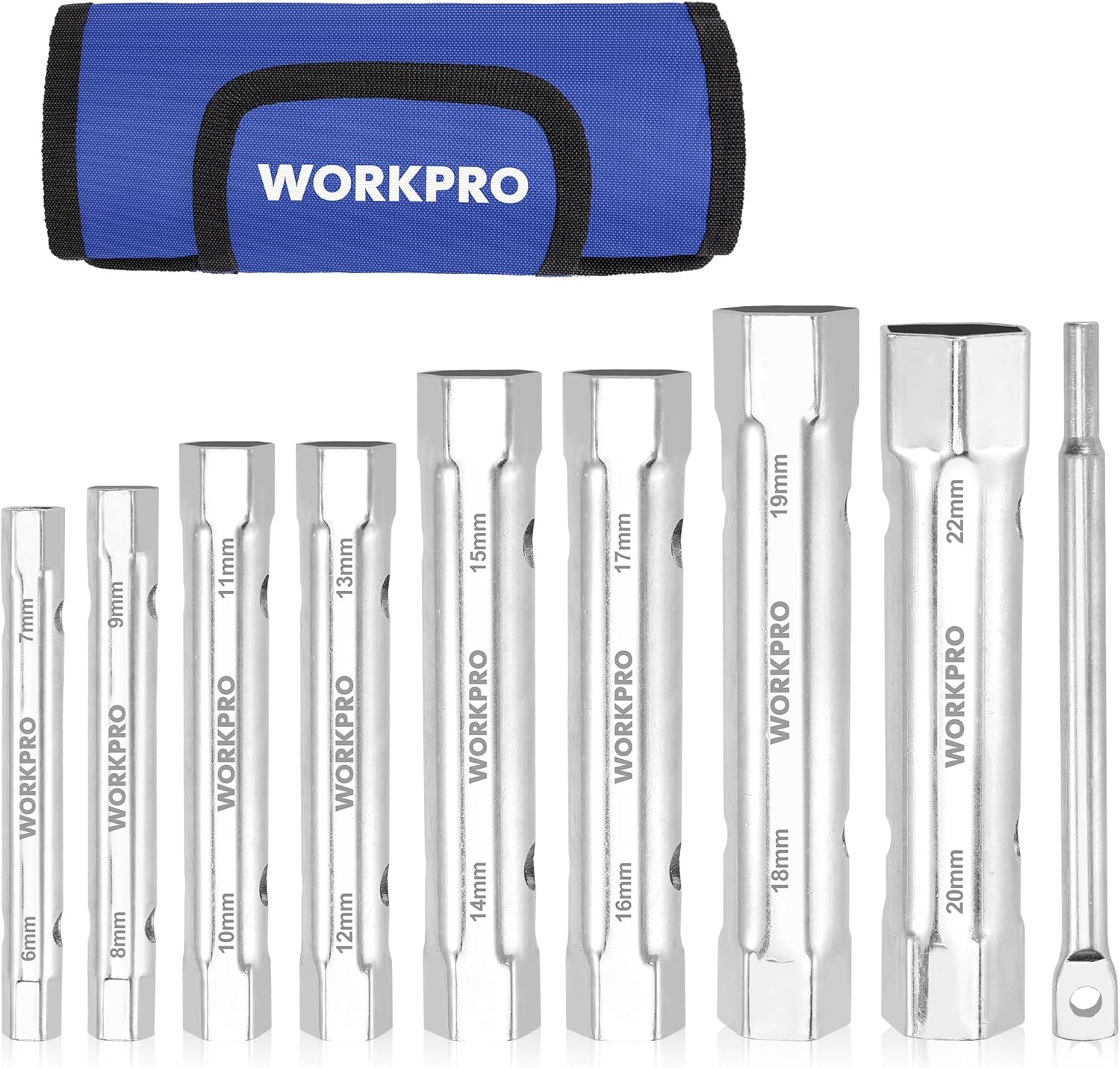 WORKPRO chrome socket wrench set with blue storage roll and multiple hex socket ends.