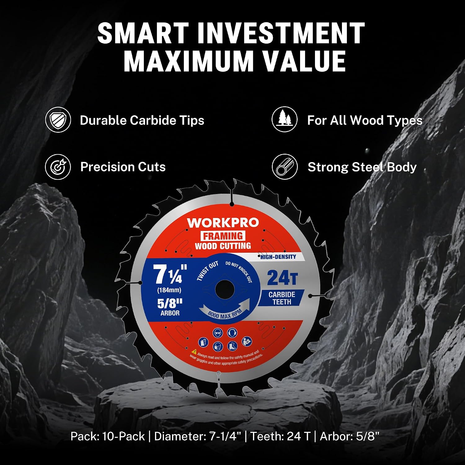 7-1/4 in framing circular saw blade, 24T carbide-tipped ATB, 10-pack