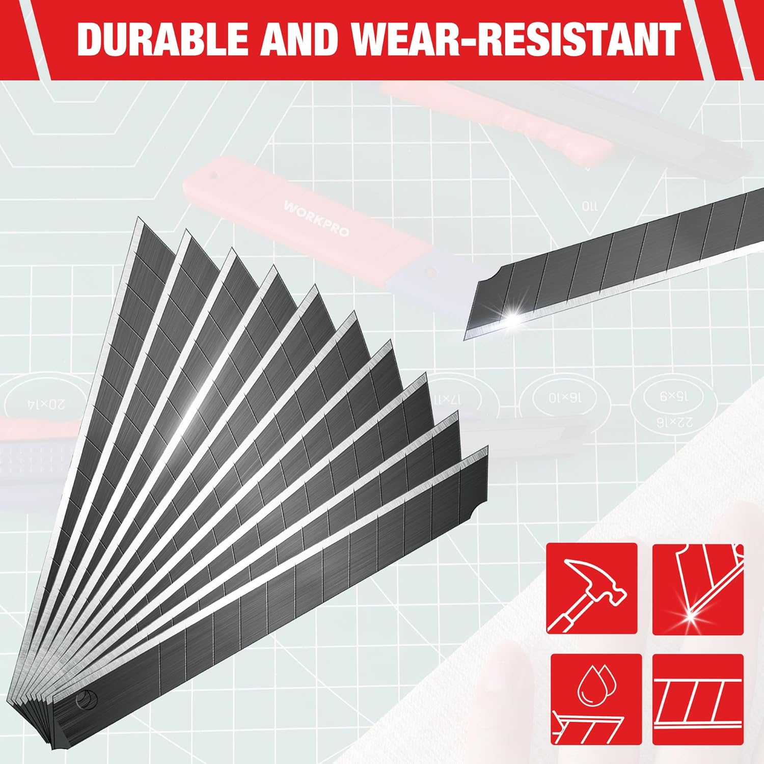 Retractable safety utility knife showing multiple black snap-off blade segments