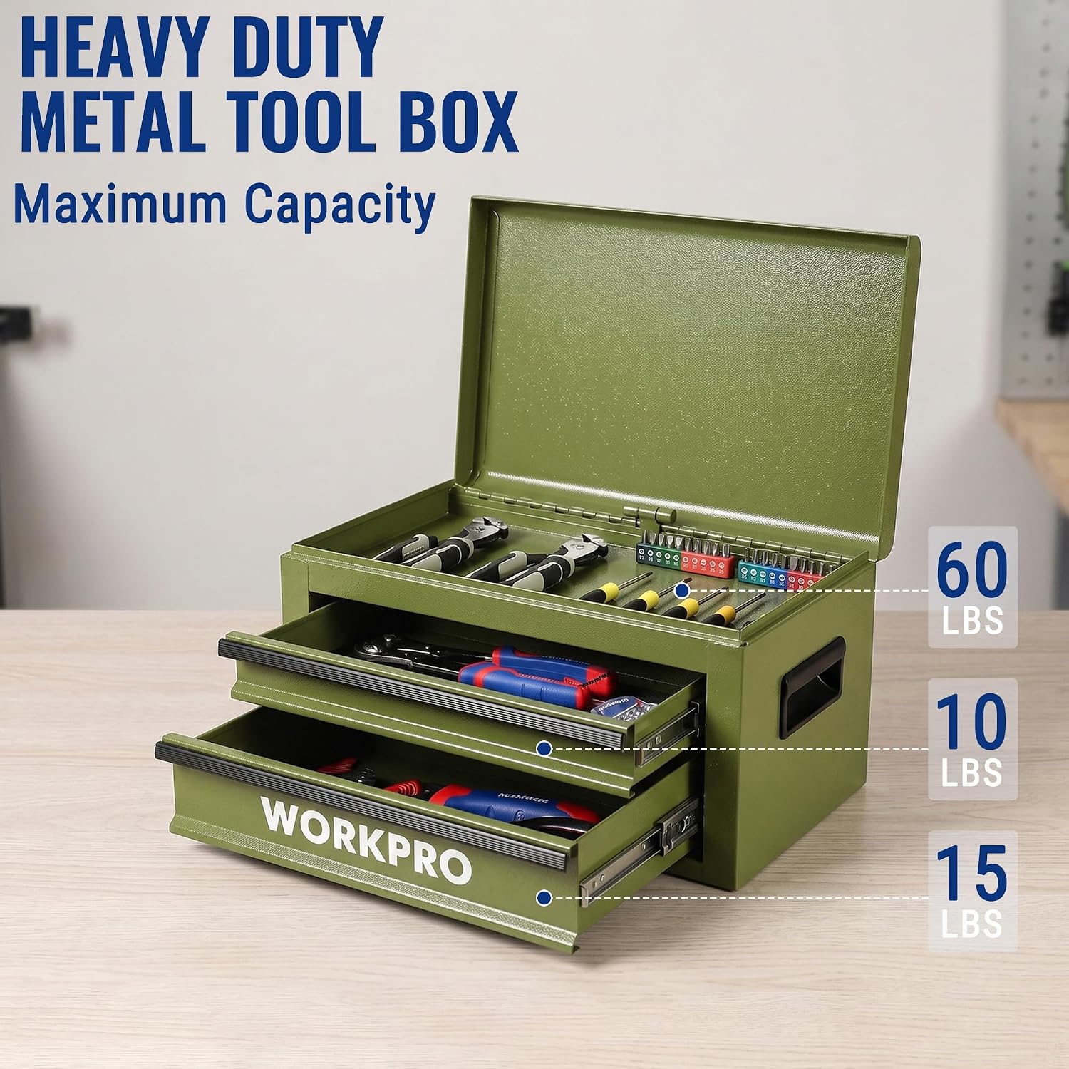 WORKPRO 15-Inch Metal Tool Box with 2 Drawers & Top Storage, Green