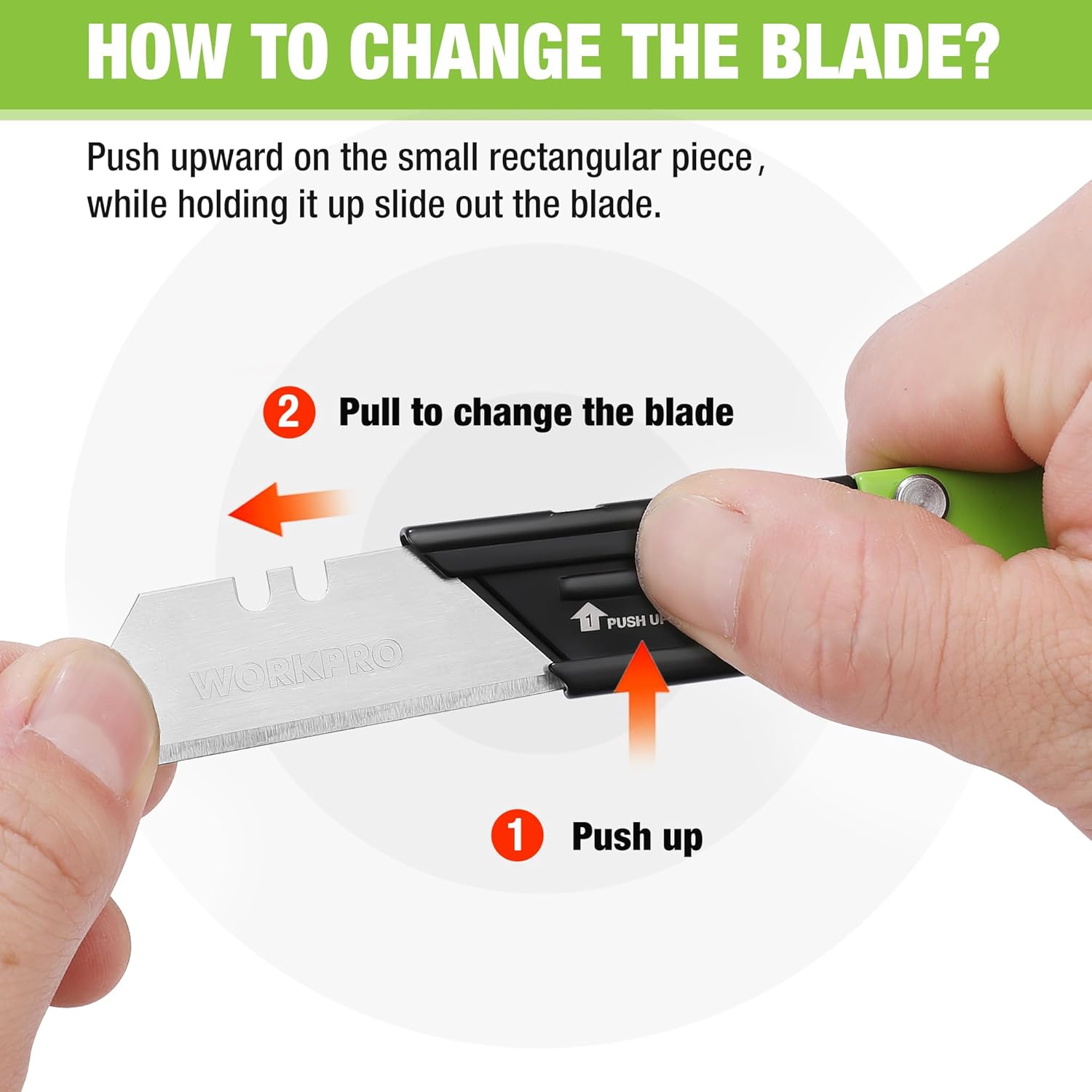 Green folding utility knife blade change action with push and pull steps