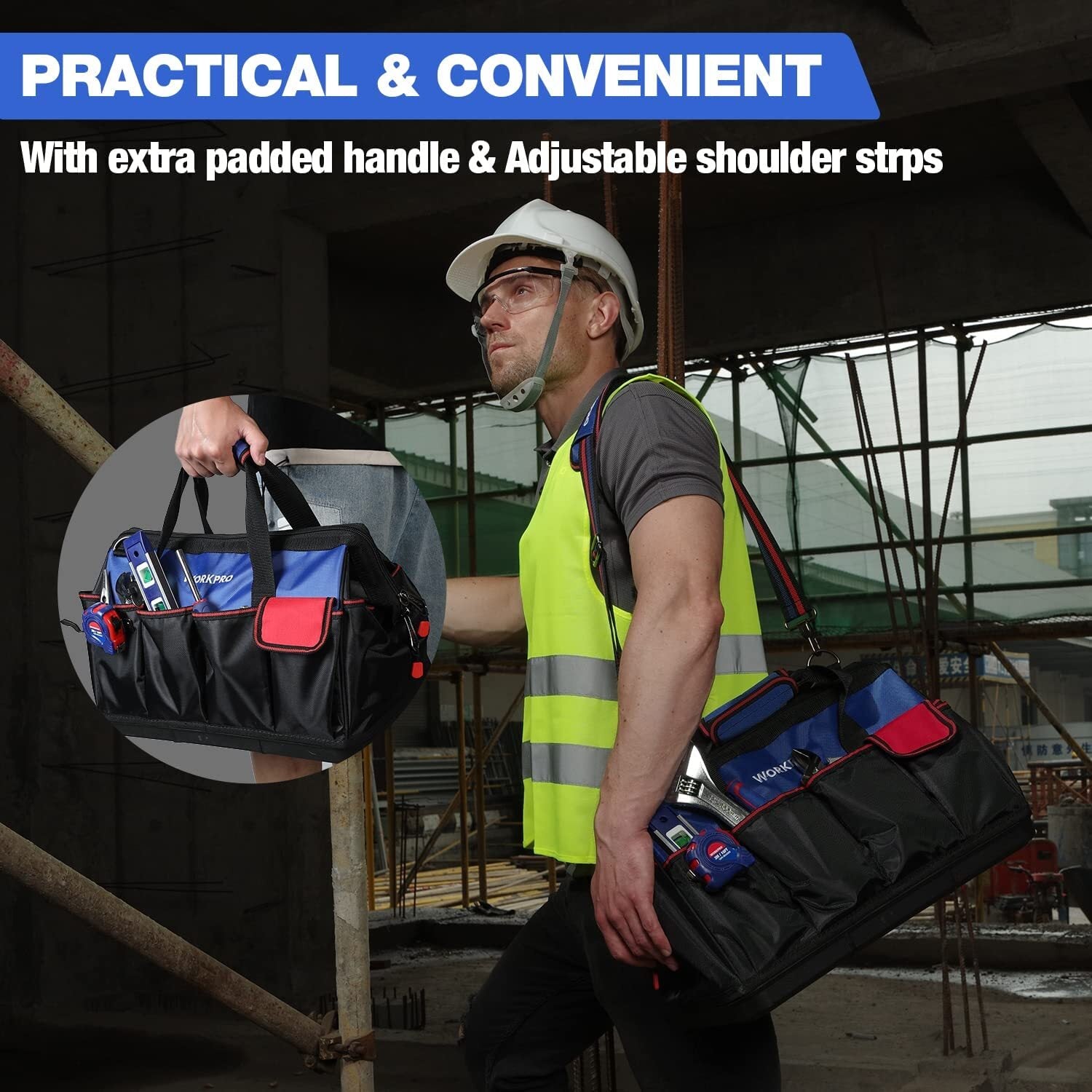 WORKPRO 18" Tool Bag Tool Tote Waterproof with Base and Adjustable Shoulder Strap