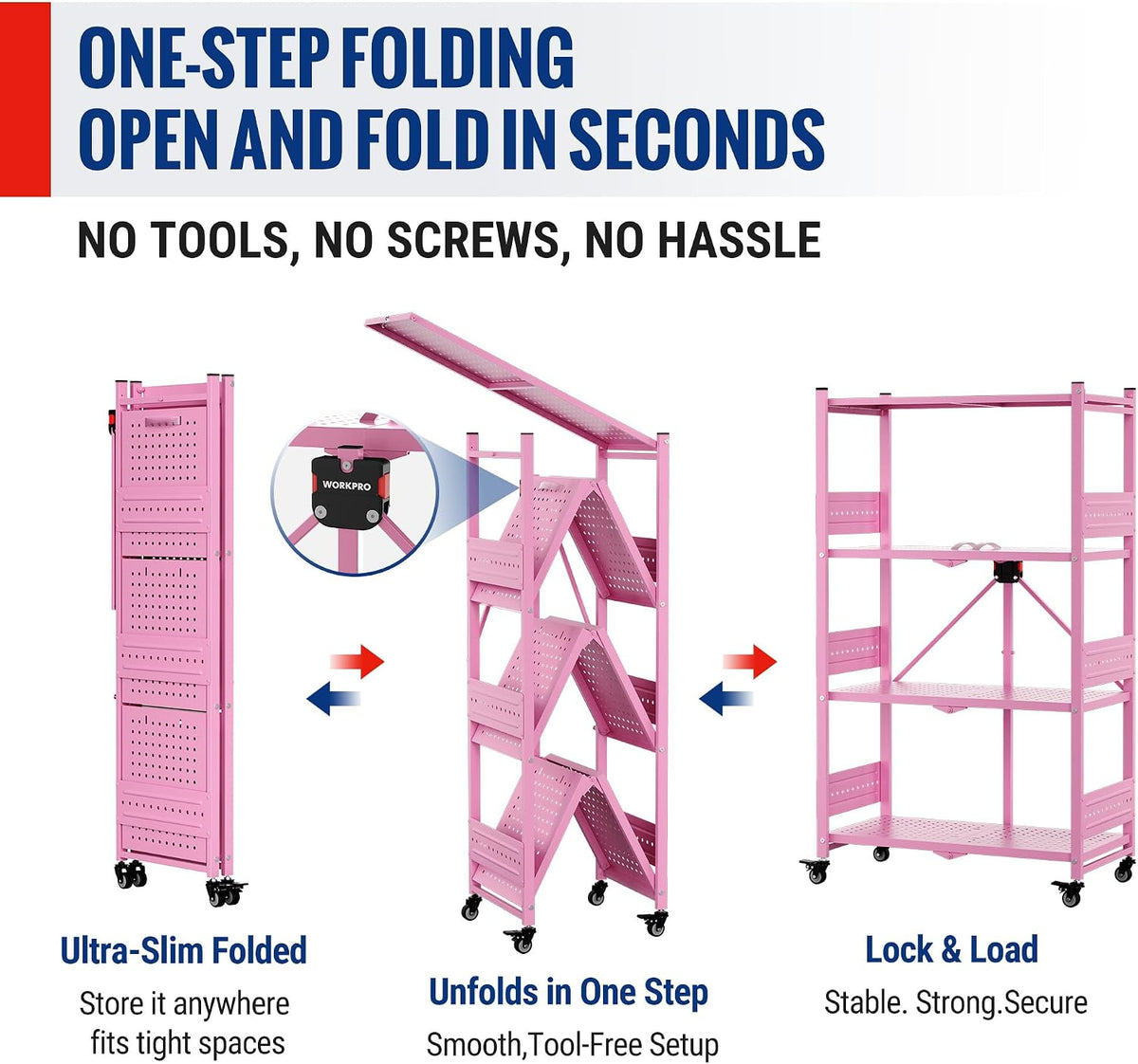 Pink collapsible 4-tier metal storage rack with perforated shelves, folded for storage