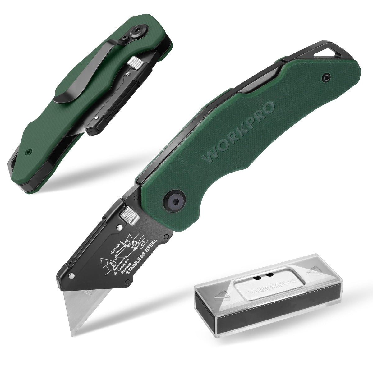 Green G10 folding utility knife with black blade and transparent blade cover