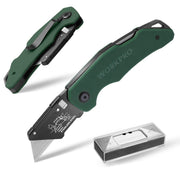 Green G10 folding utility knife with black blade and transparent blade cover