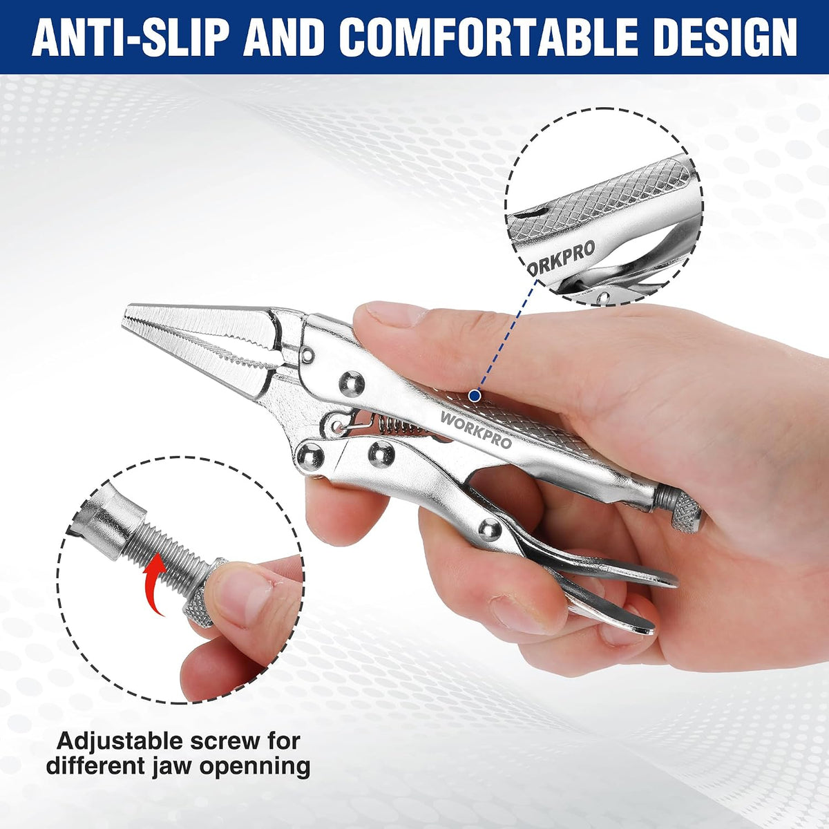 WORKPRO 4-1/2 inch Mini Long Nose Locking Pliers | Chromium-Vanadium Steel Locking Pliers, Locking Adjustable Vise Grips for Clamping Twisting Welding