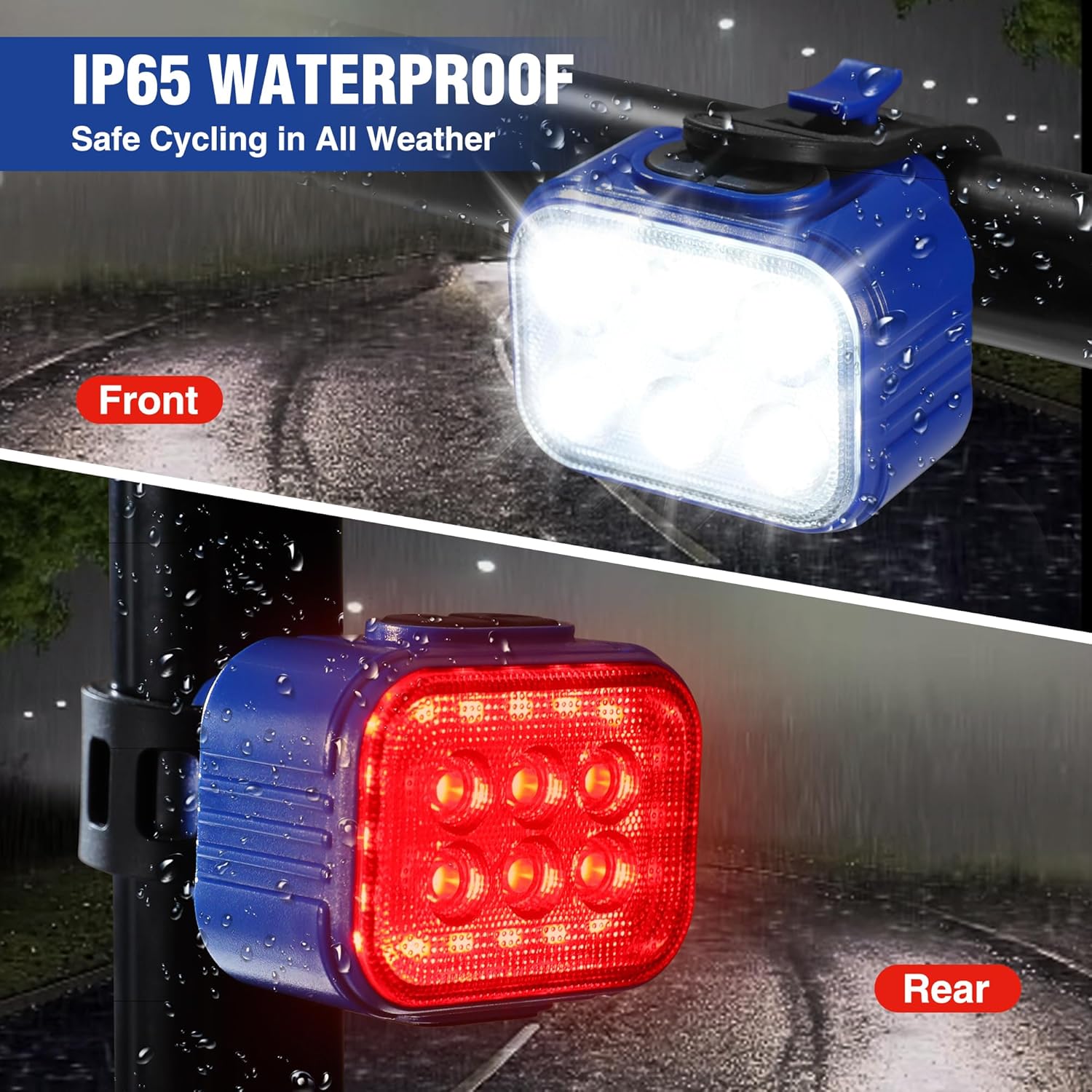 Rechargeable bike headlight and rear light with bright white and red LEDs