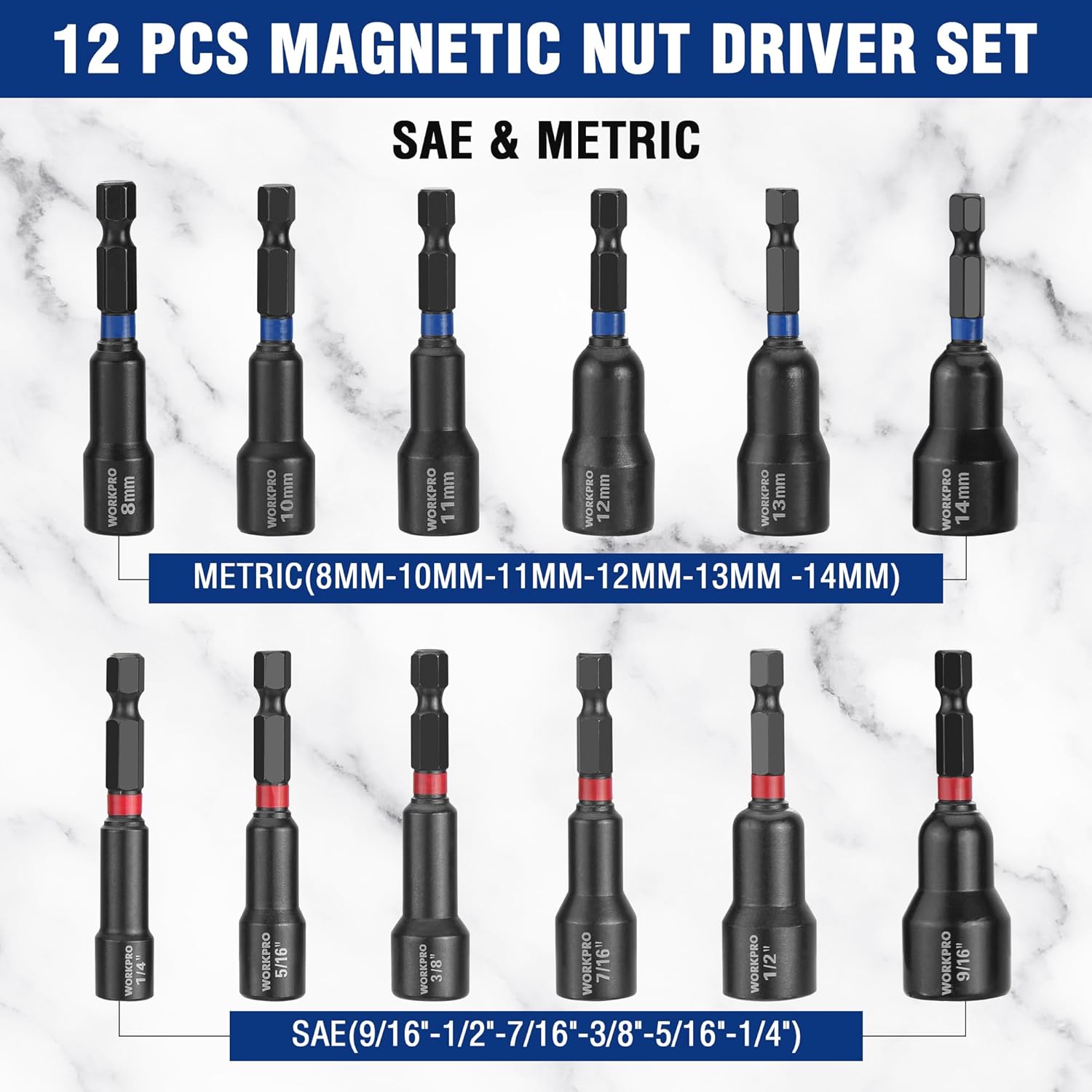 Magnetic nut driver set with SAE and metric hex nut bits, 12-piece assortment