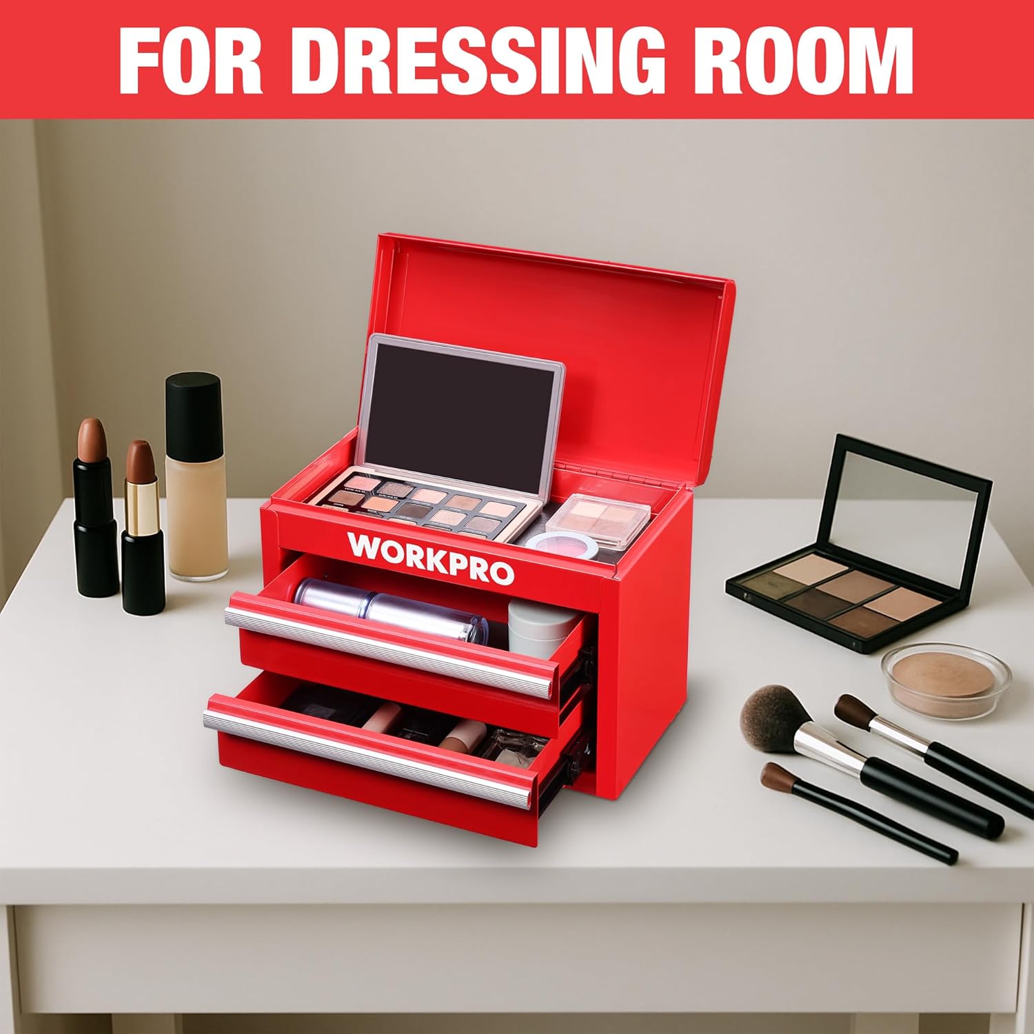 Red mini tool chest with makeup items inside open top