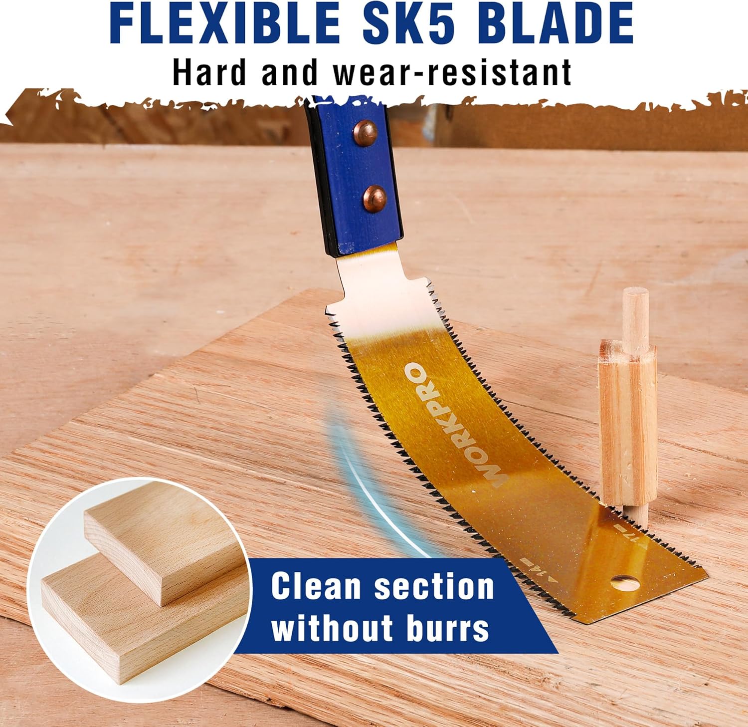 Japanese pull saw with gold SK5 blade and blue beech handle, for flush wood cuts